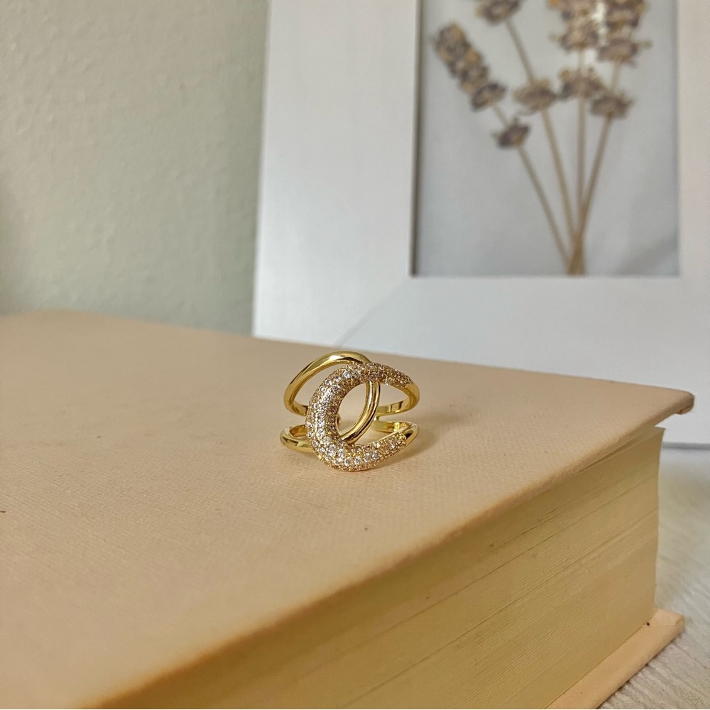 Gold Bypass Knot Swirl Pave Ring “Croixe” Cross Over Rhinestone Sparkly Femme
